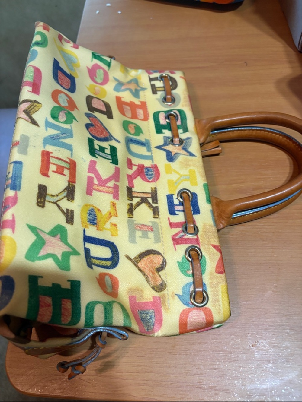 Vintage Dooney and Bourke Multicolor Alphabet Print Tote Bag with Tan Handles
